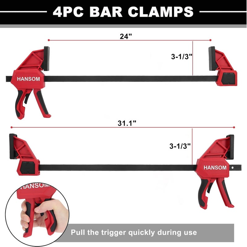 HANSOM Upgraded 4-Pack 24 Inch Woodworking Clamps,Bar Clamps Heavy Duty 350LBS Throat Depth 3-1/3”,One-Handed Quick Grip/Spreader Wood Clamps Set with Quick Change Button - Image 3
